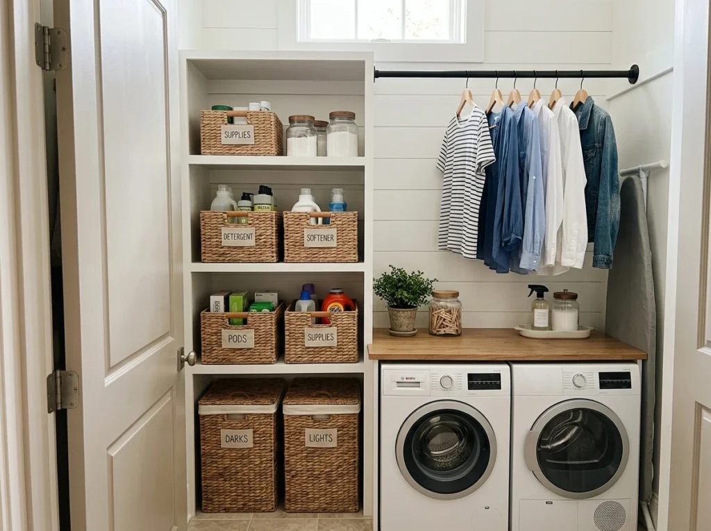 Small space laundry room organization with vertical shelving and baskets.