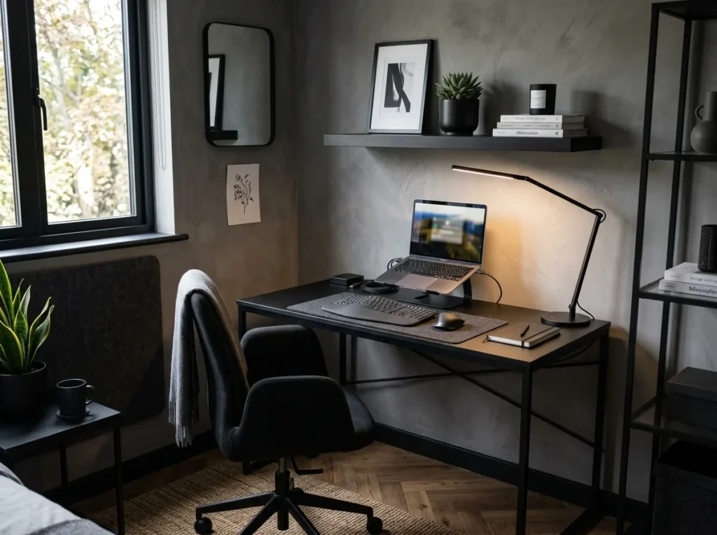 Modern apartment office corner in gray and black aesthetic with warm lighting