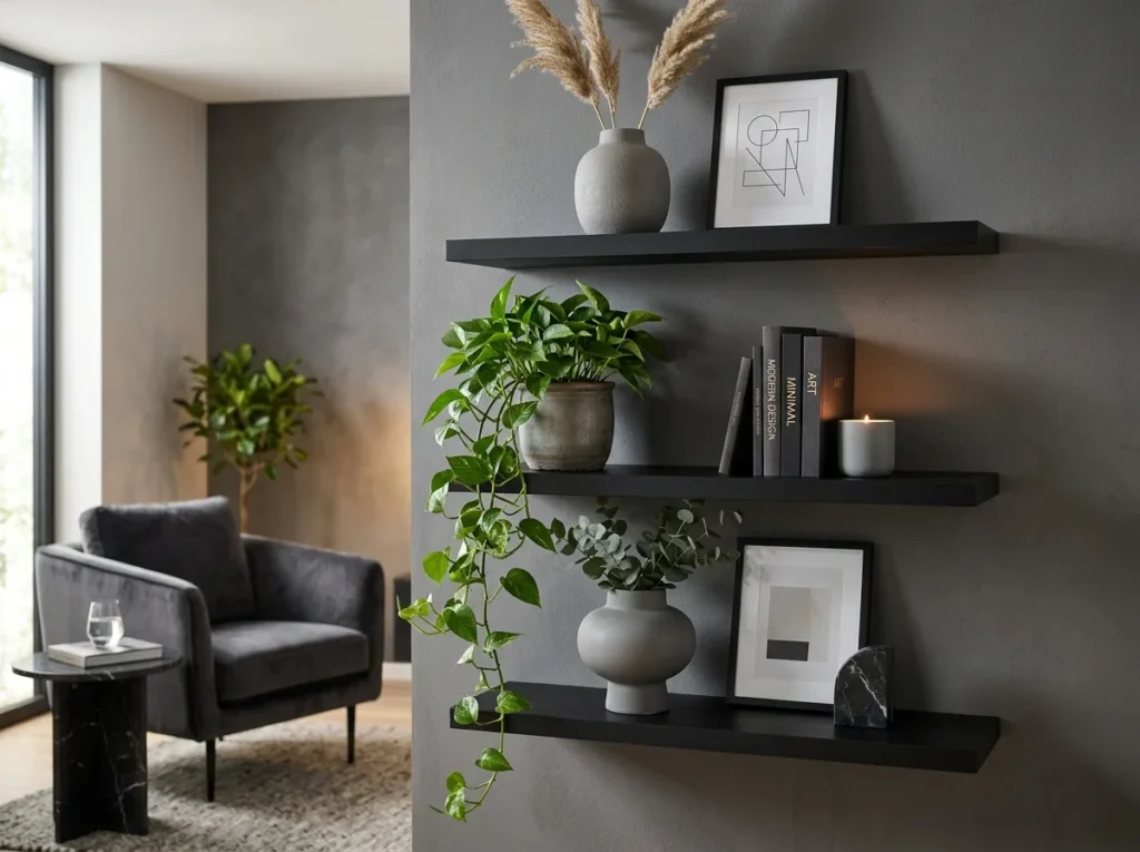 Luxury indoor plant corner with black woven baskets and soft natural sunlight