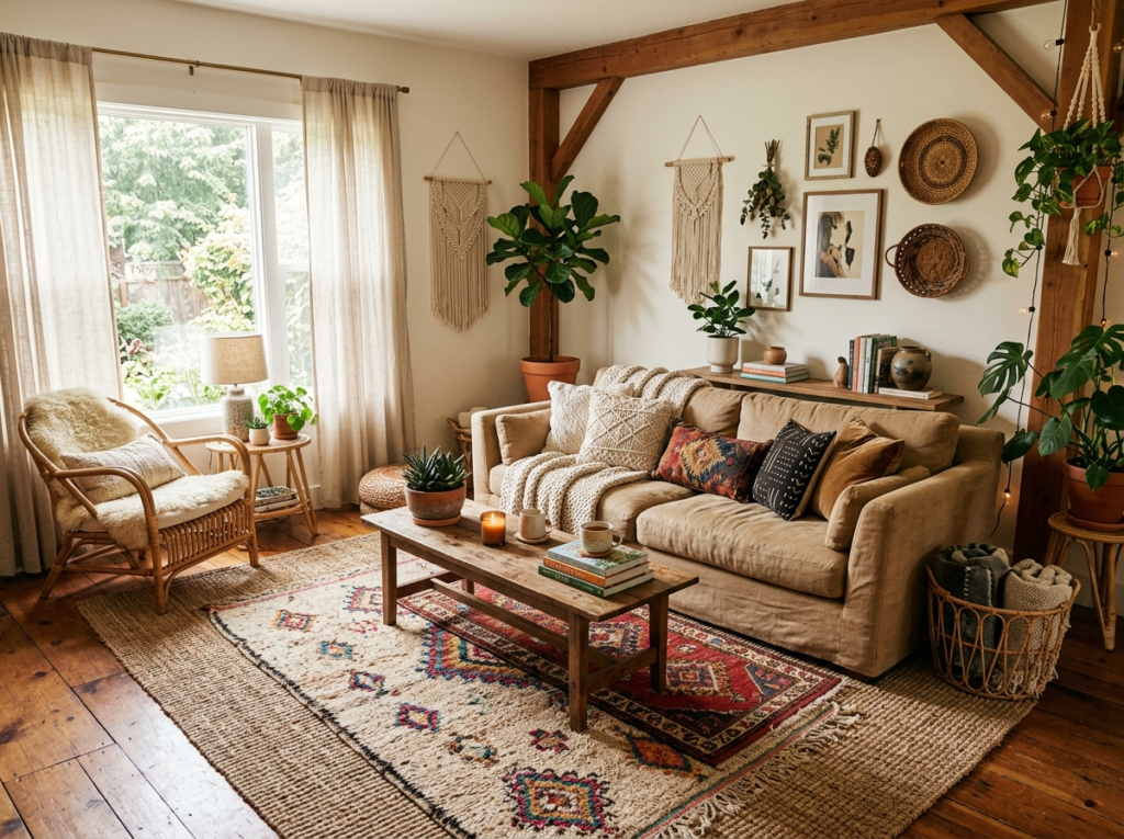 warm boho living room with layered rugs, rattan furniture, and soft ambient lighting.