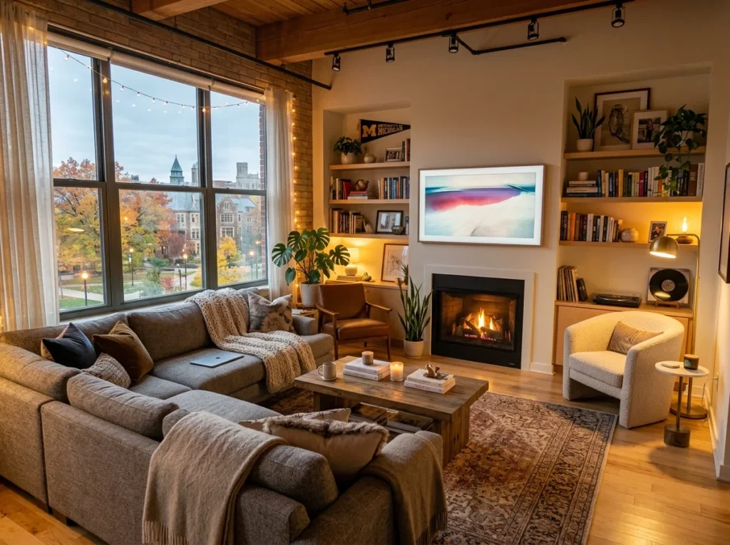 cozy modern college apartment living room setup