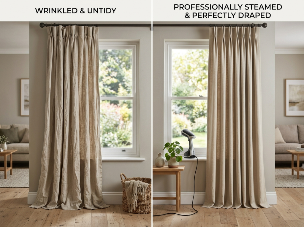 Comparison of a wrinkled curtain and a professionally steamed, neatly draped curtain, highlighting the impact of polished window decor.
