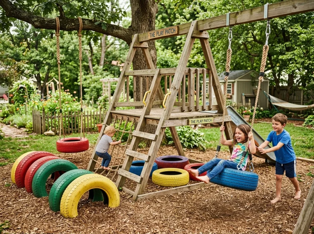 DIY backyard play area with tires, ropes, and natural elements