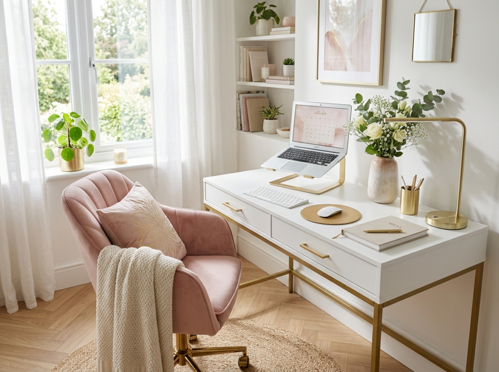 Elegant desk setup for women with white desk and blush pink chair