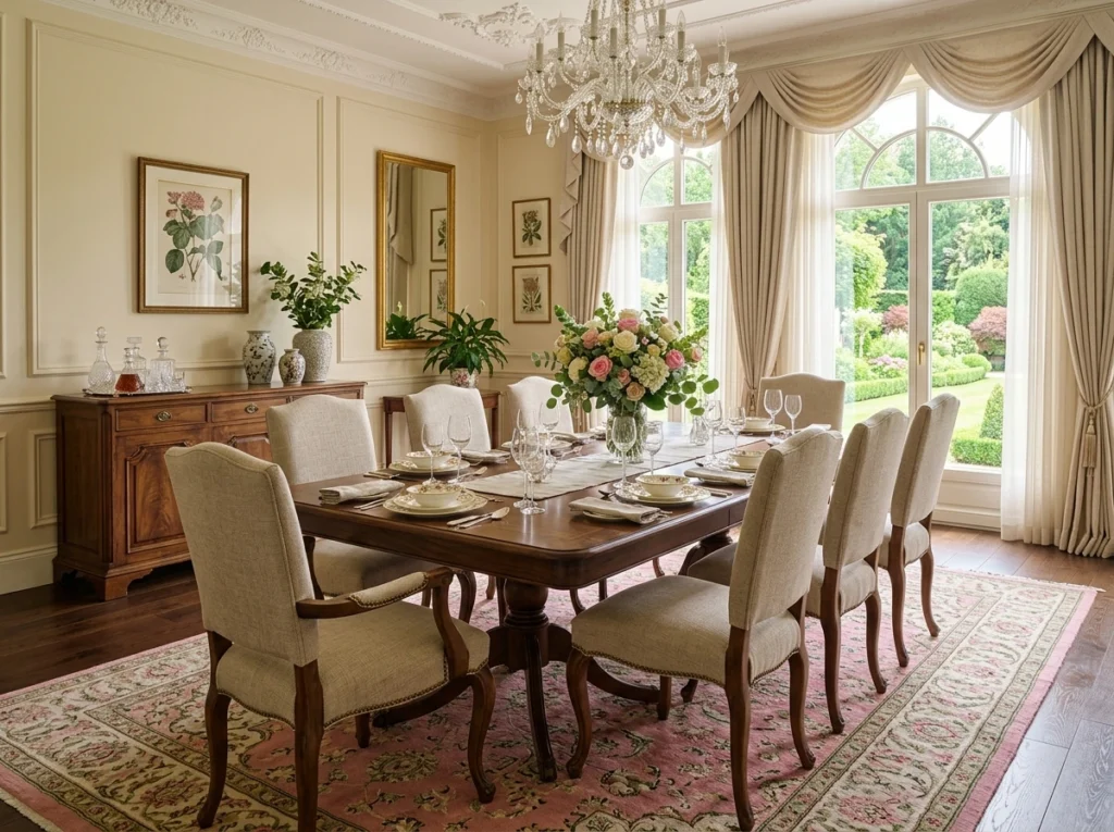 uxury dining space featuring a floral rug with natural warm styling