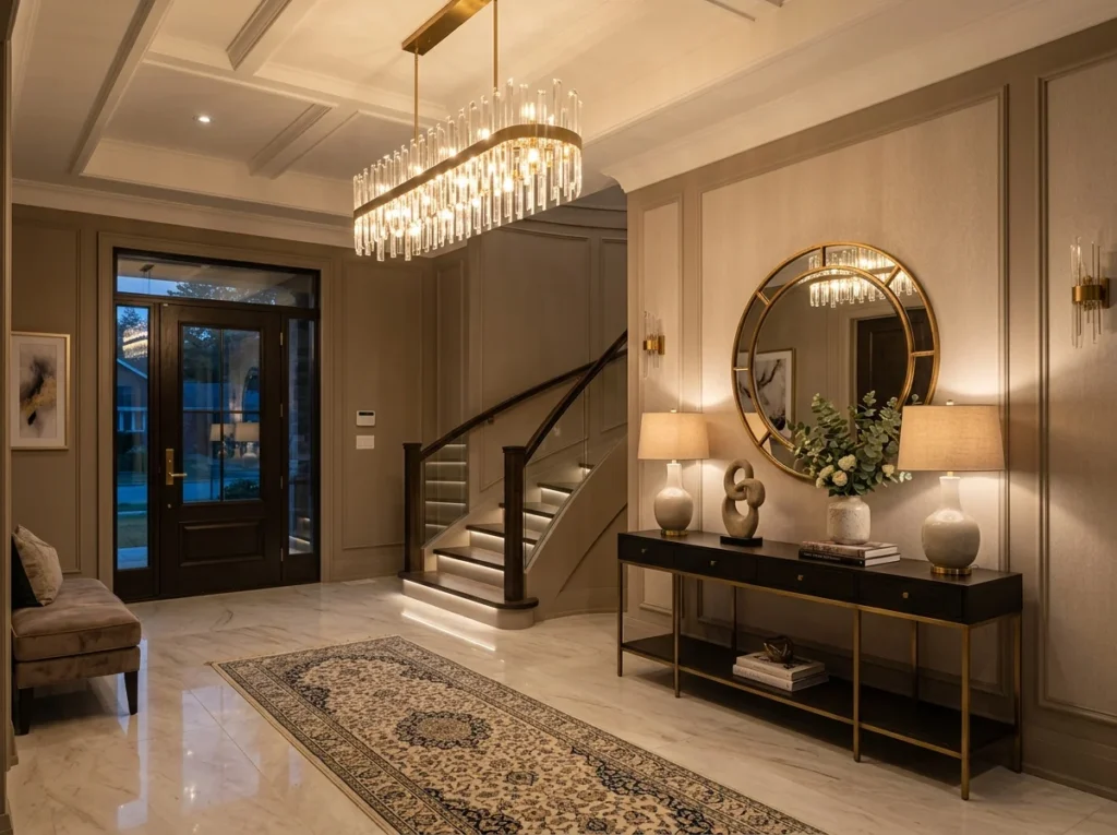 Entryway with stylish lighting creating a luxury feel.
