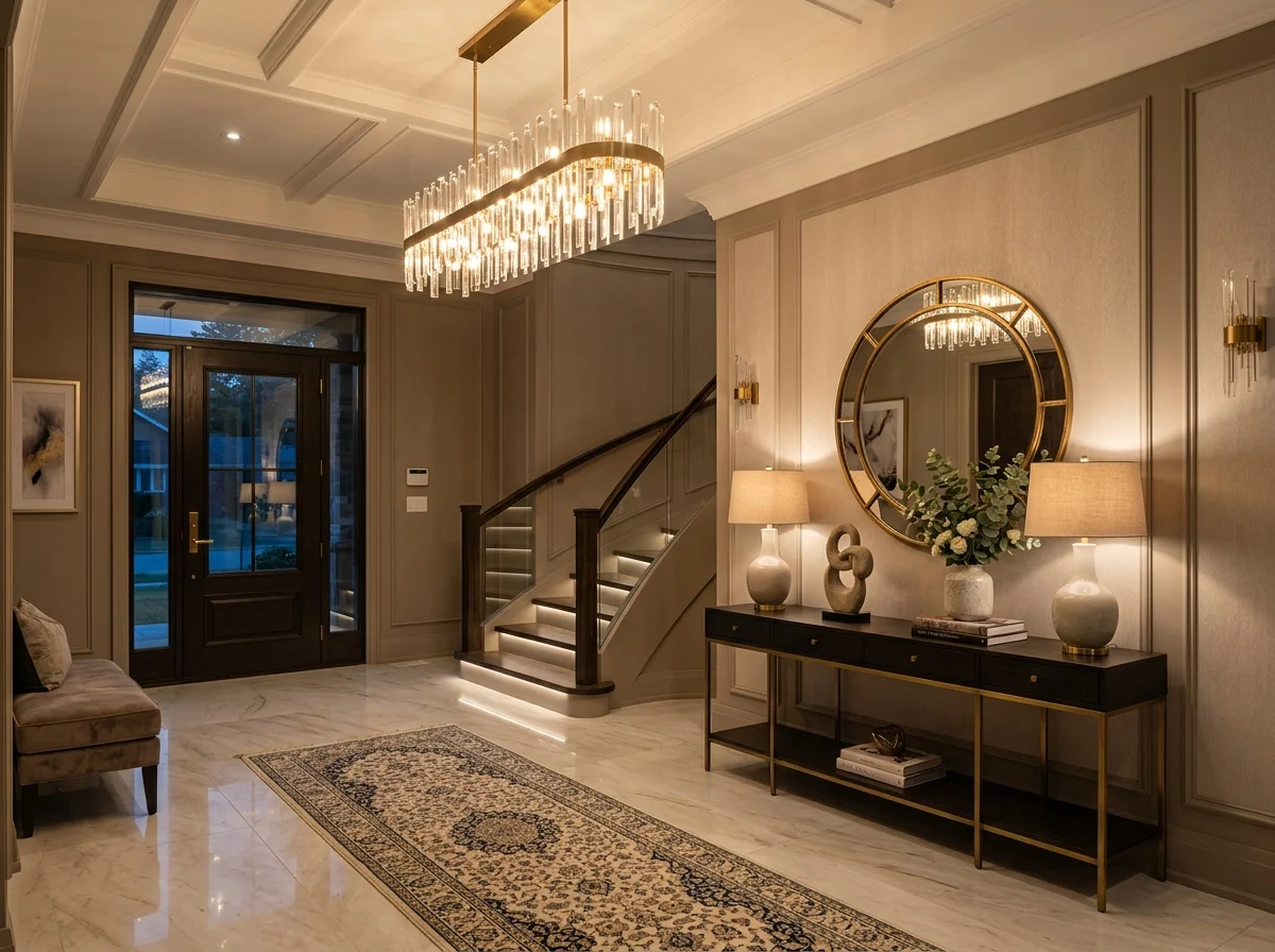 Entryway with stylish lighting creating a luxury feel.