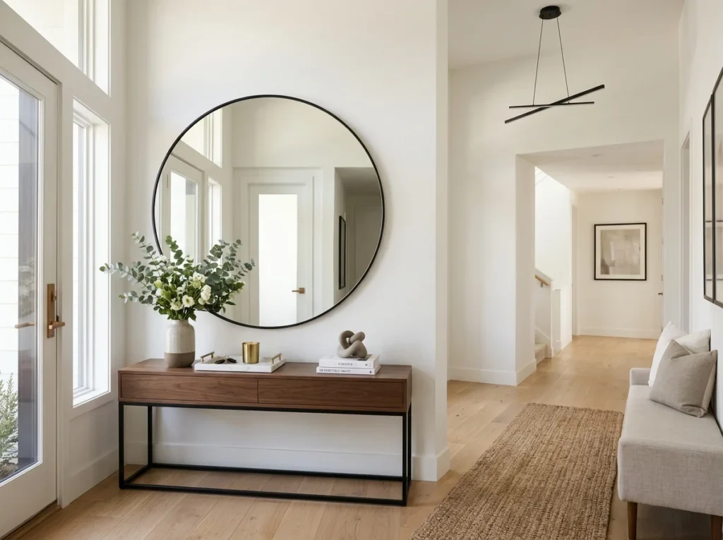 Entryway decor ideas with a large wall mirror that brightens and expands space.