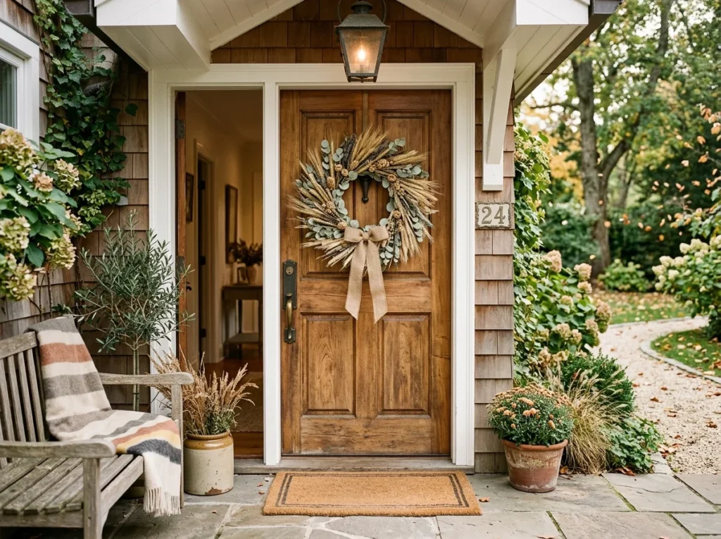 dried wheat fall wreath on a natural wood entryway door