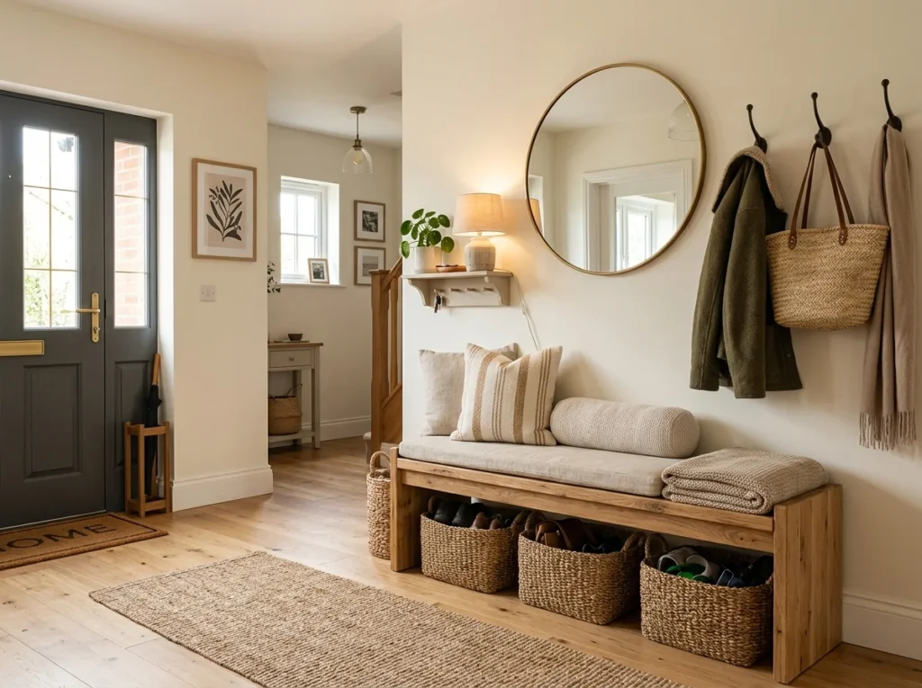 Entryway with a storage bench and cozy seating area.