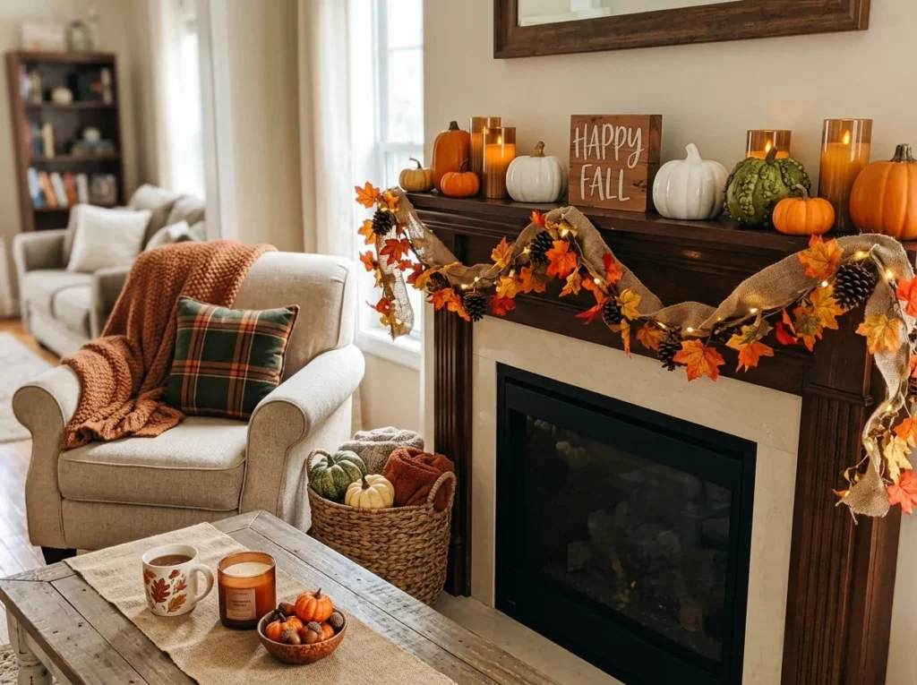 Fall home decor attempt with pumpkins faux leaves candles and seasonal signs indoors