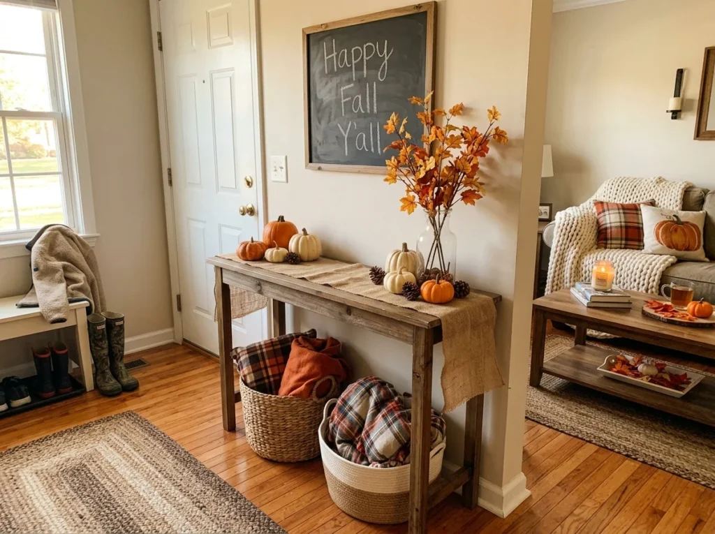 Living room styled with trendy fall home decor items from HomeGoods