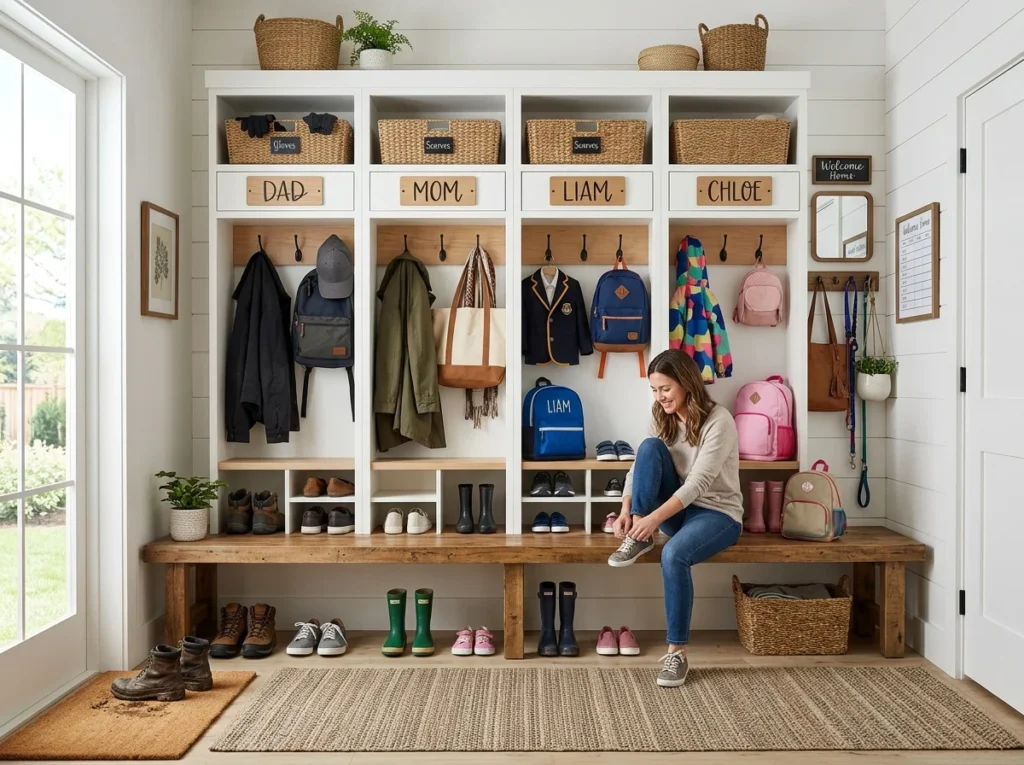 Mud room lockers with labeled storage spaces for family organization of shoes, bags, and daily essentials.