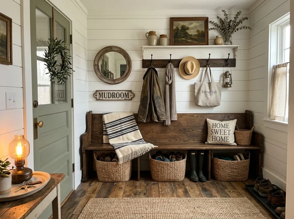 Farmhouse mud room with rustic wood bench, baskets, and warm cozy decor for a welcoming entryway.