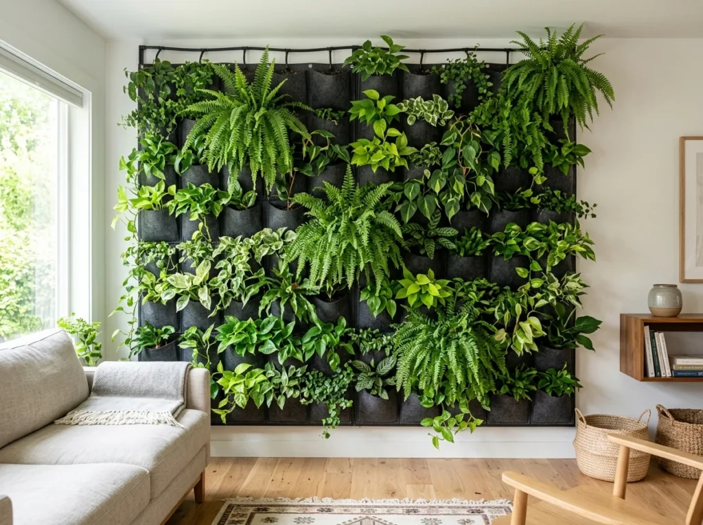 Indoor self-watering felt pocket wall with lush vertical greenery and modern plant wall art design