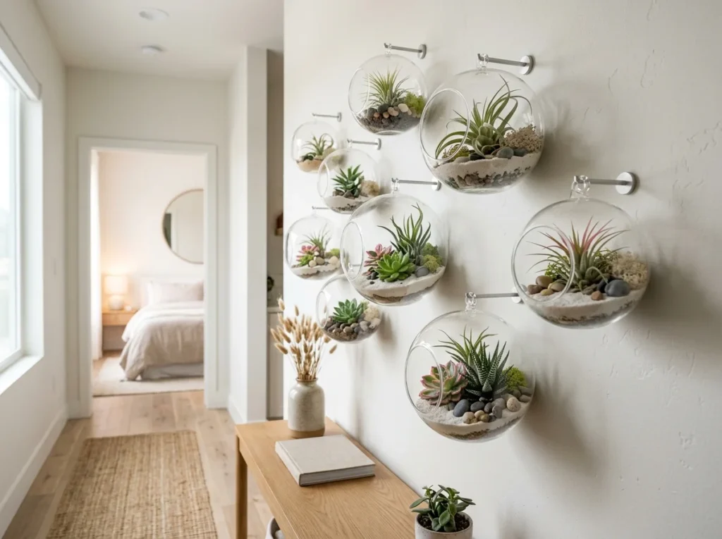 Floating glass terrarium bubbles with air plants and succulents hanging on a modern wall for elegant plant wall art ideas in home decor
