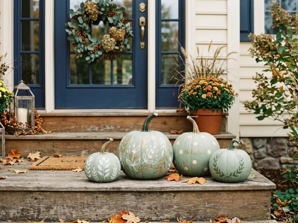 DIY sage green painted pumpkins on a fall front porch