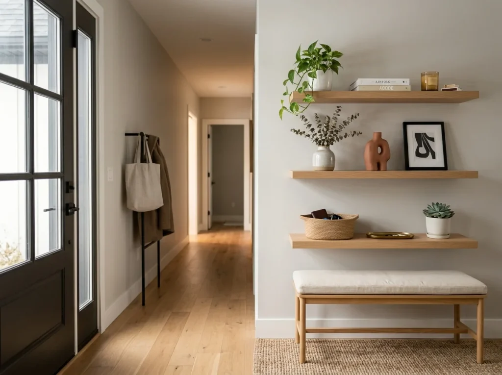 Entryway with floating shelves displaying decor items.