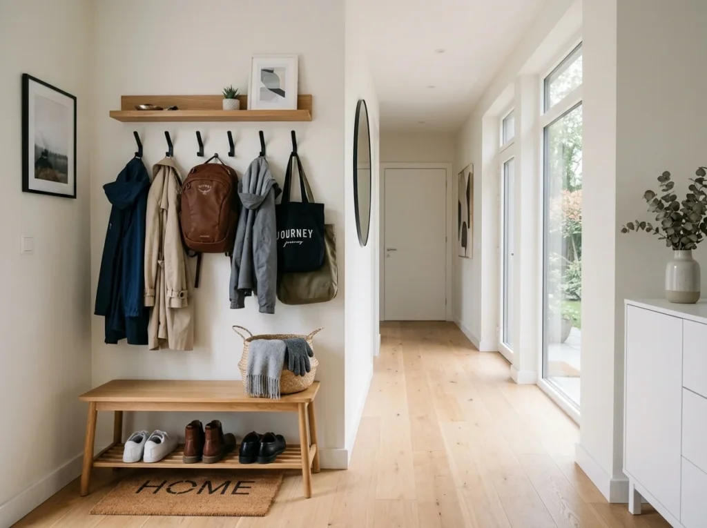 Entryway with wall hooks for coats and bags.