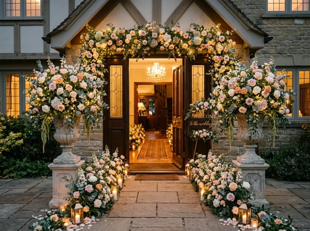 Elegant home entrance decorated with flowers creating a romantic wedding style welcome setup