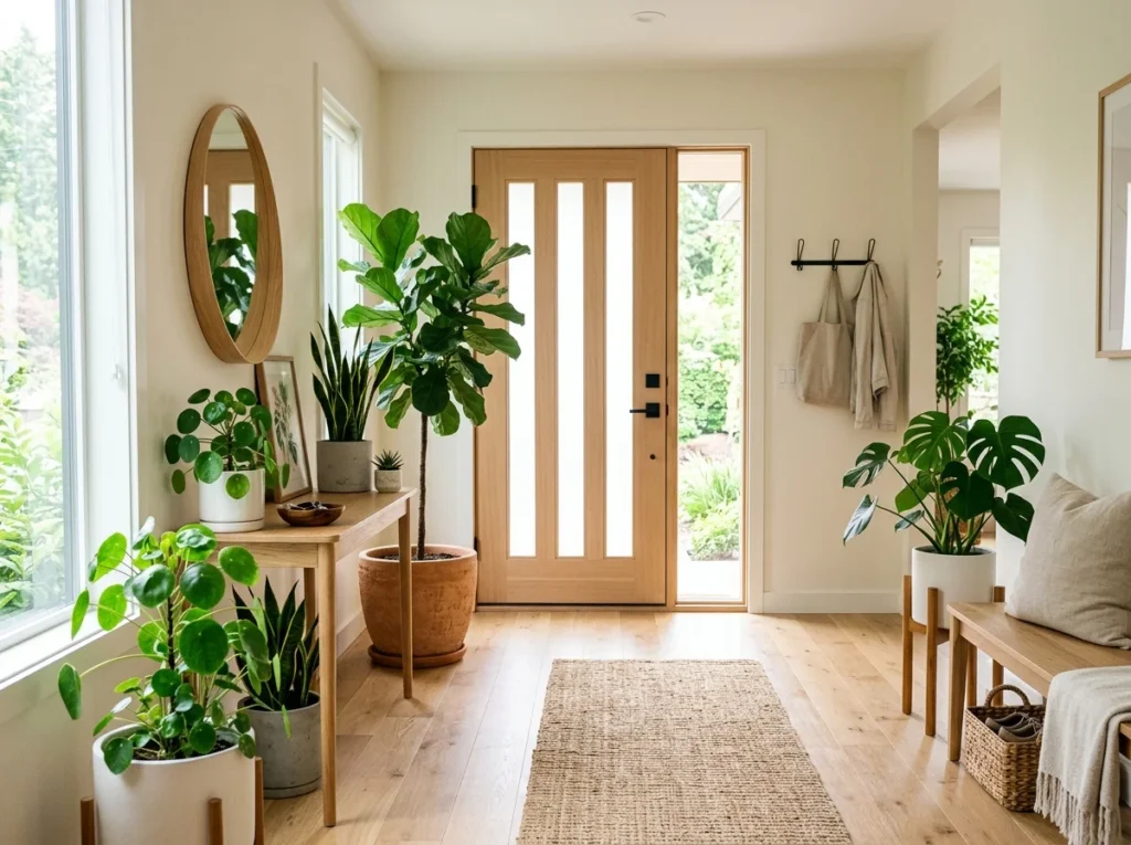 Entryway decorated with indoor plants for a fresh look.