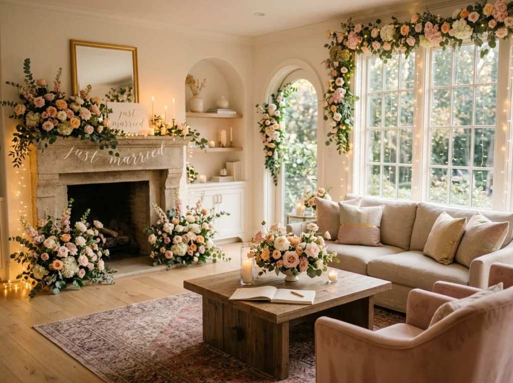 Elegant home interior styled for a wedding celebration, living room transformed with soft floral decorations, pastel roses, greenery accents, romantic fairy lights, cozy seating area, minimal luxury home decor, warm natural lighting, ultra-realistic cinematic style