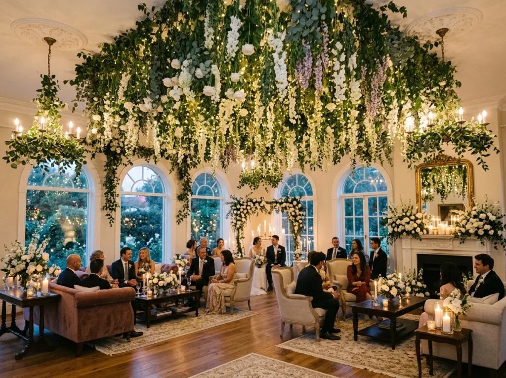 Elegant home setup with hanging floral ceiling decorations creating a cozy wedding atmosphere