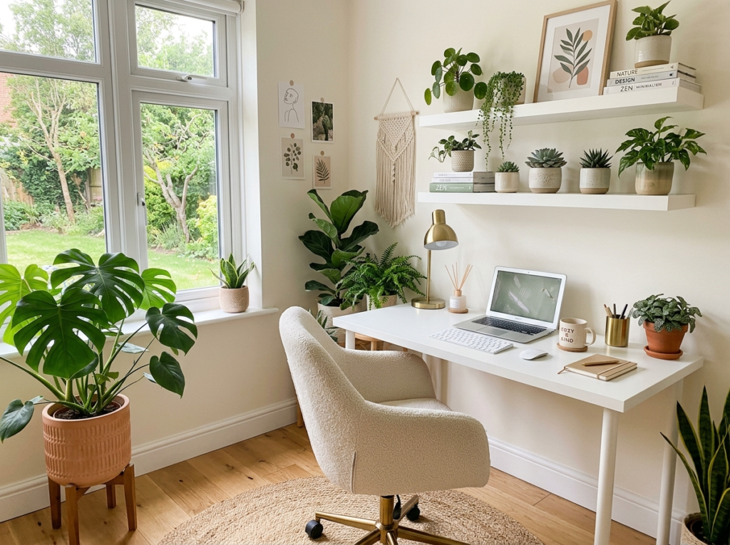 Home office decor with indoor plants, white desk, and natural light in a cozy workspace