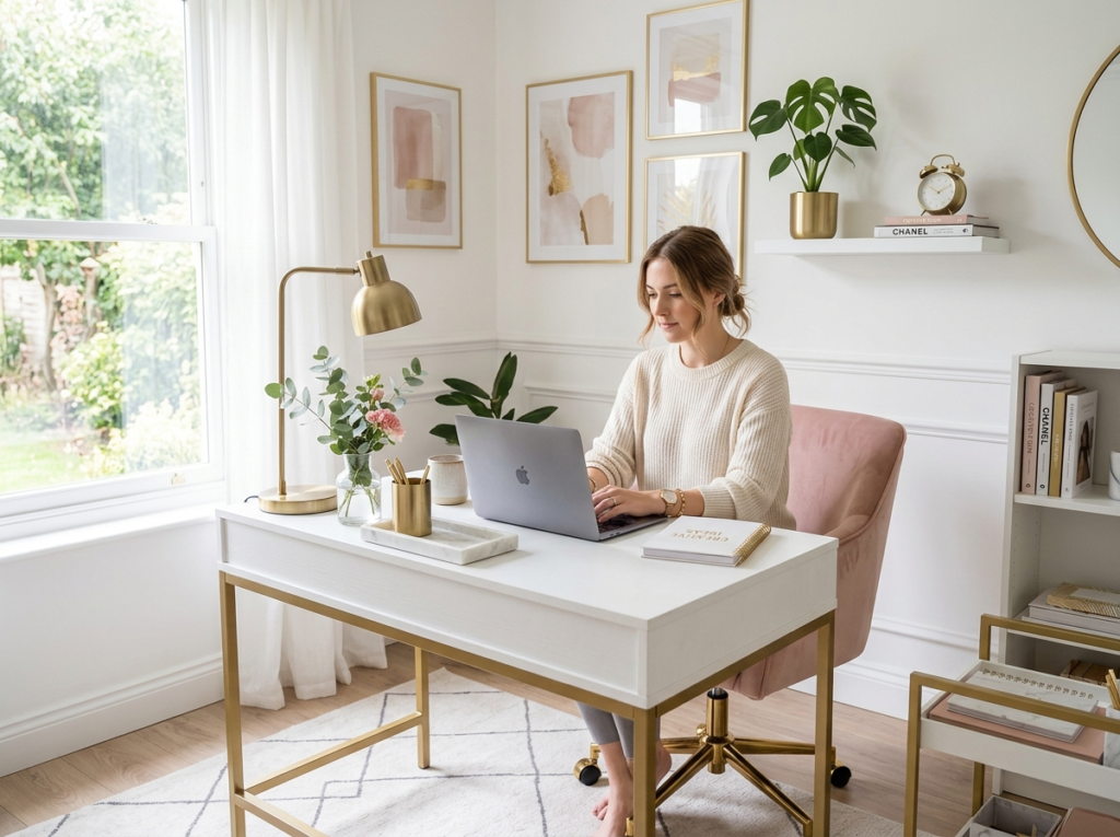 Elegant home office decor for women with white desk and blush pink chair