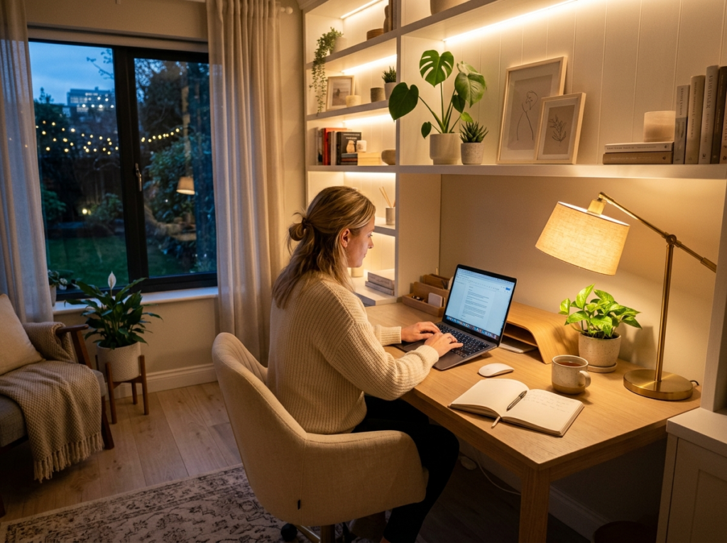 Home office lighting ideas with warm lamp, natural light, and soft LED glow in a modern workspace