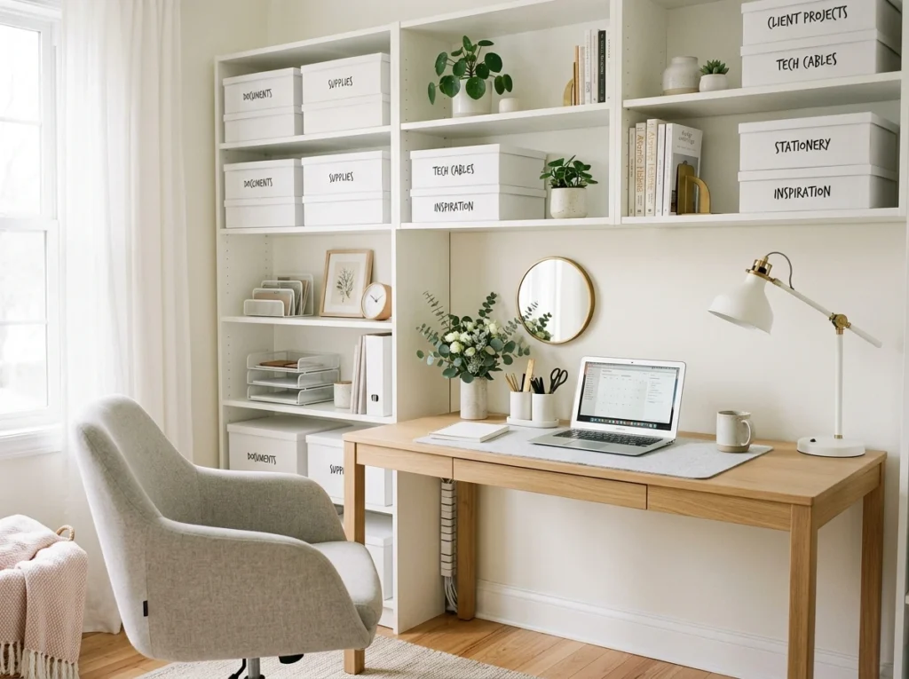 Organized home office storage with shelves, boxes, and clean minimalist desk setup