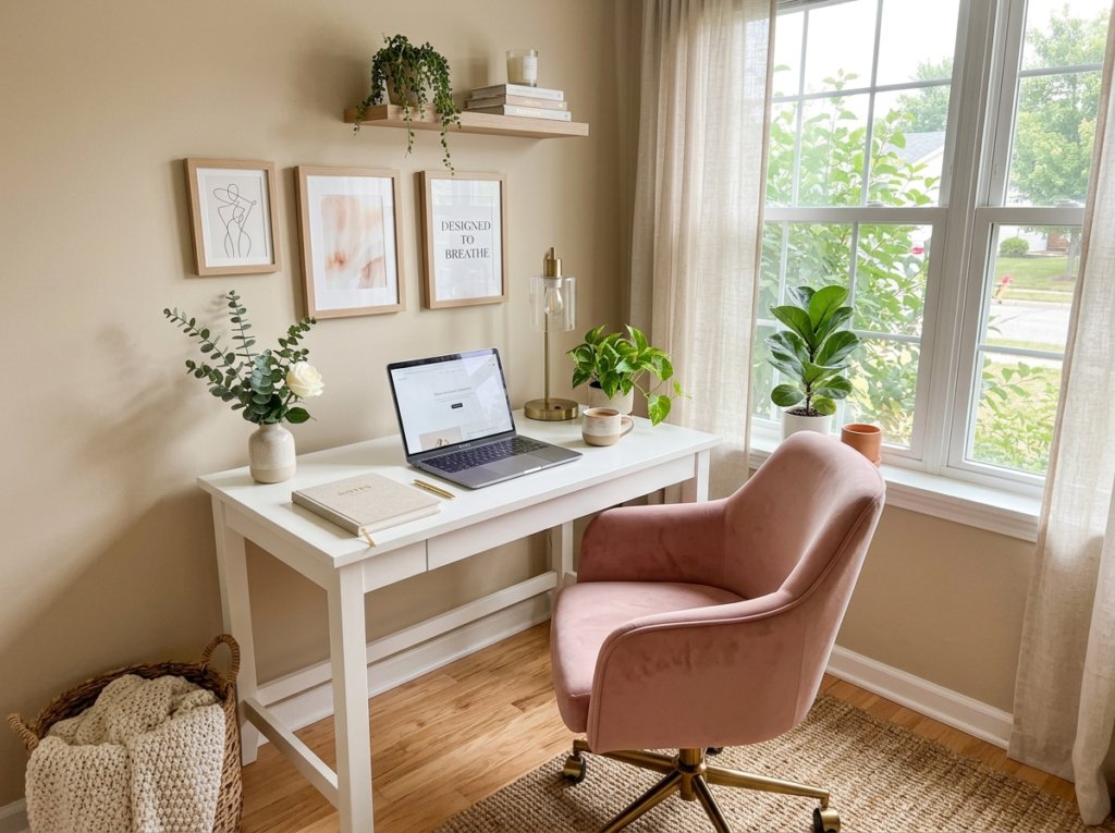 Soft color home office decor with beige and white minimalist setup