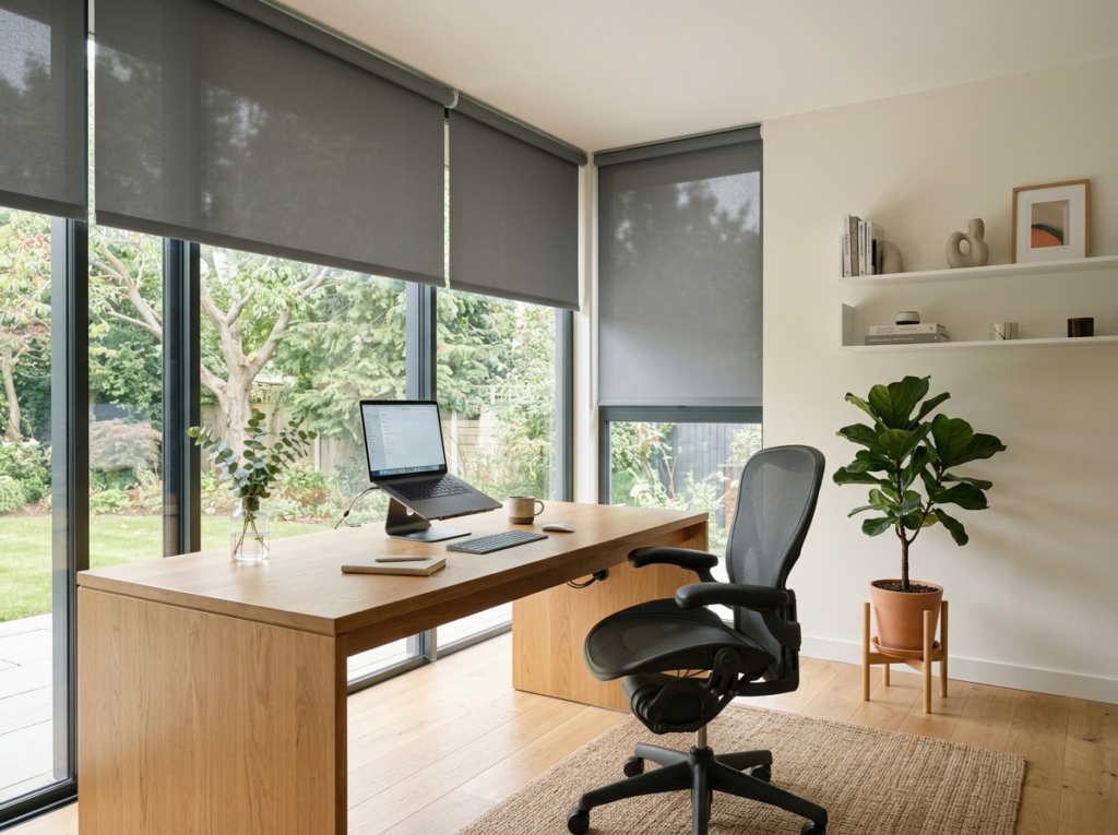Sleek grey motorized blinds in a modern home office with natural light, creating a clean, cordless, and minimalist window decor look.