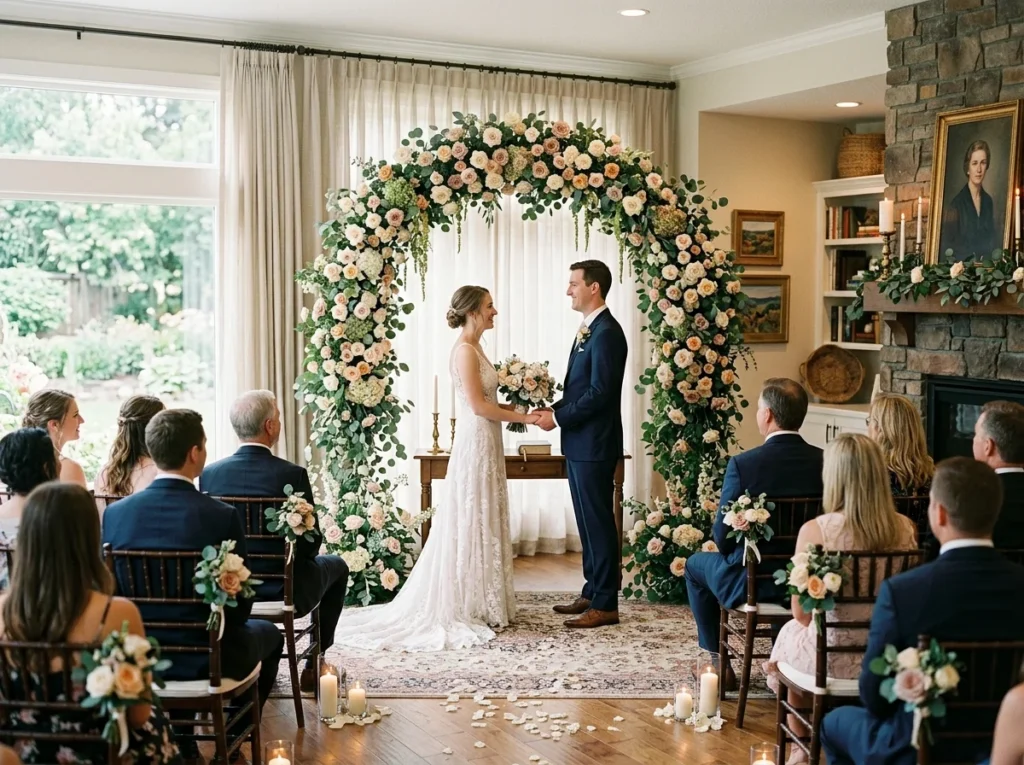 Elegant home wedding setup with floral arch creating a romantic ceremony backdrop