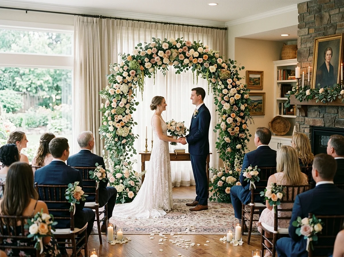 Elegant home wedding setup with floral arch creating a romantic ceremony backdrop