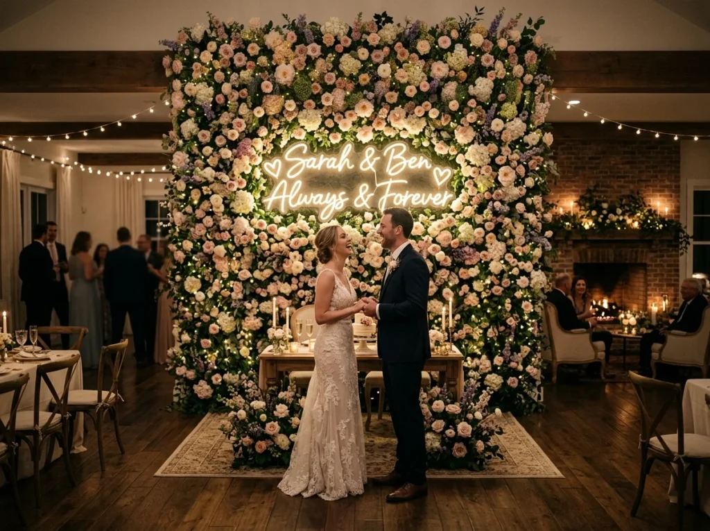 Elegant home wedding setup with floral wall backdrop and neon sign creating a cozy celebration space