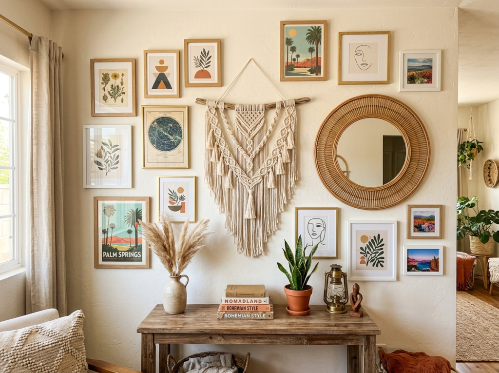 eclectic boho gallery wall with framed prints, round mirror, and macrame wall hanging