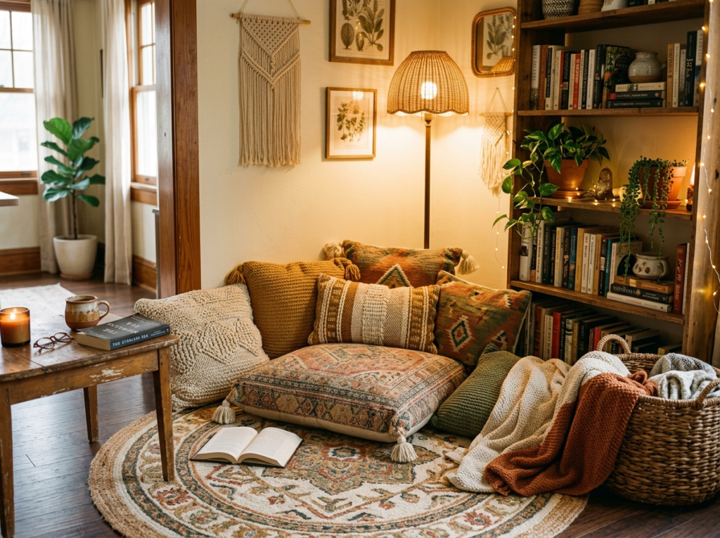cozy boho reading corner with floor cushions, a woven rug, and warm lighting