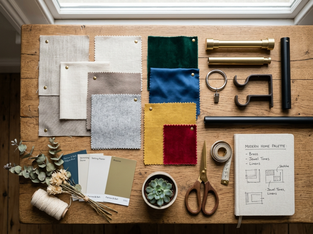 Mood board with neutral and jewel-tone fabric swatches and metallic hardware samples, showcasing elegant window decor styling ideas
