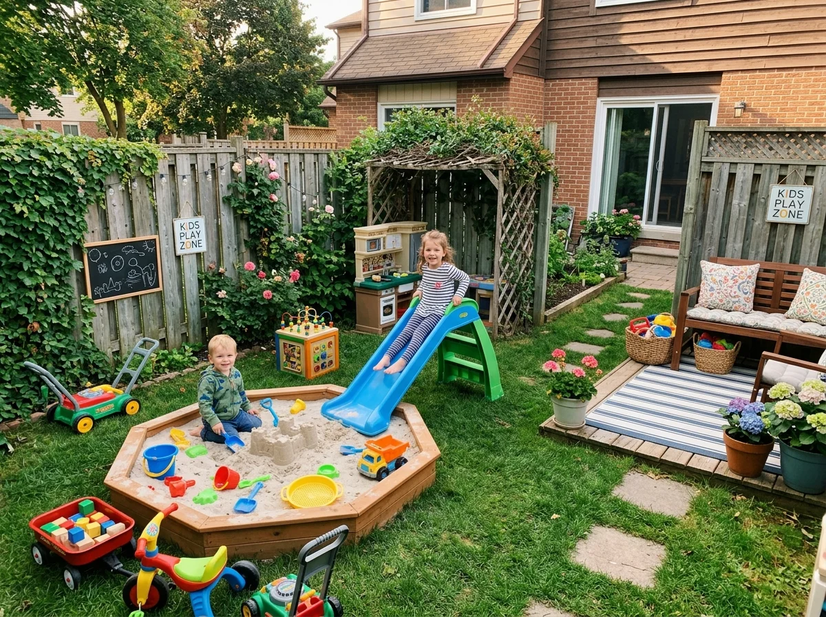 Small backyard play area with sandbox and colorful toys setup