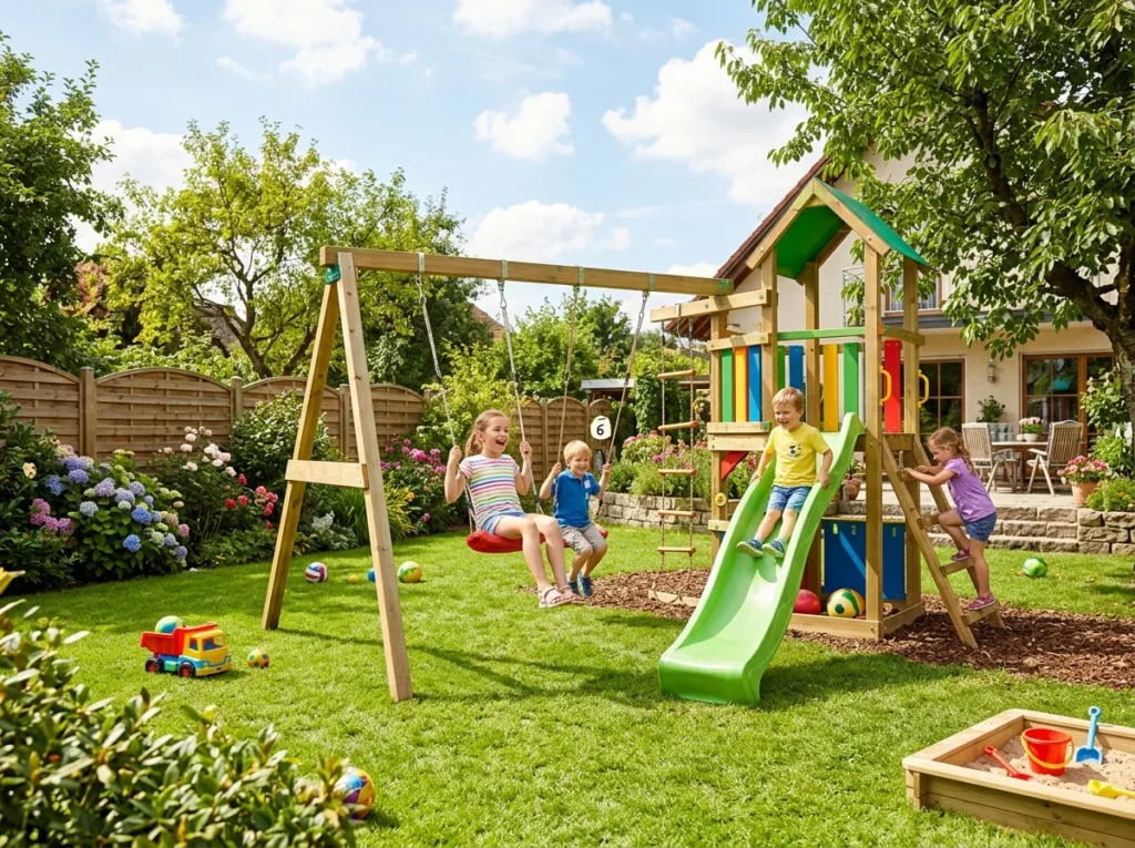 Kids backyard play area with swing set and soft grass flooring