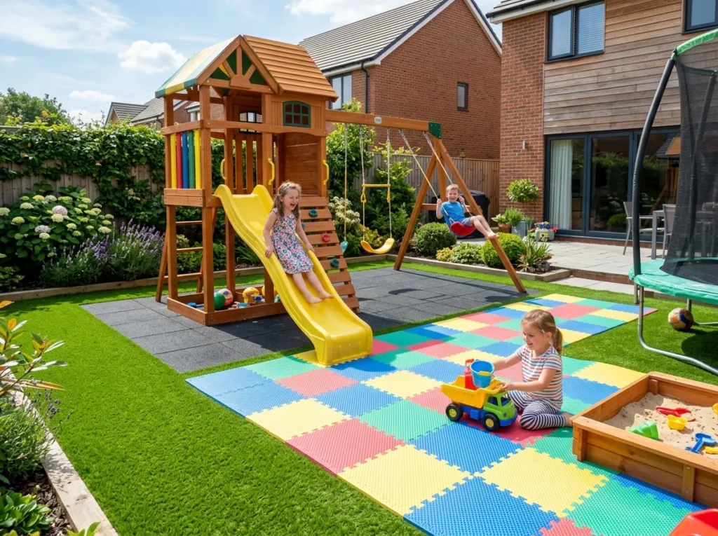Backyard play area with soft rubber mats, foam tiles, and artificial grass for safe kids play