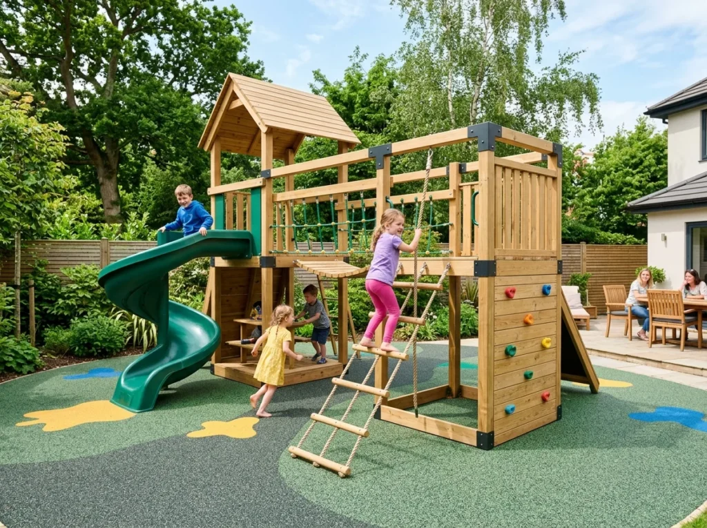 Kids backyard climbing frame with soft rubber flooring and safe outdoor play setup