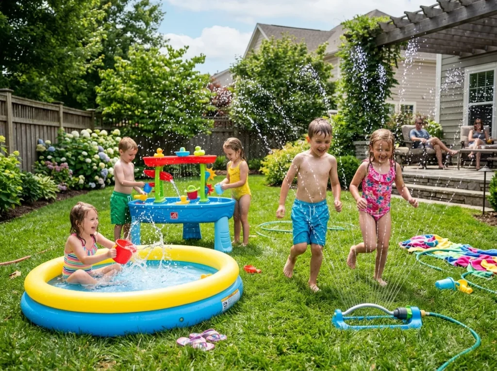 Kids backyard water play area with sprinklers, small pool, and water table for summer fun