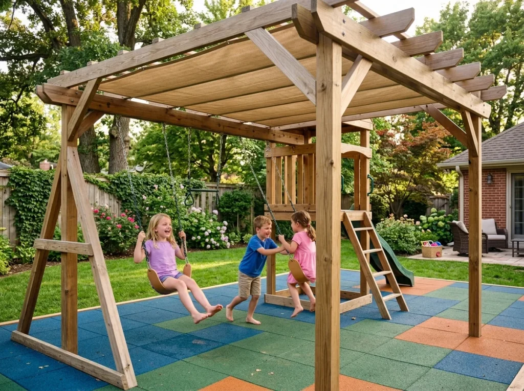 Backyard play area with shaded canopy, kids playing under pergola with swings and soft flooring