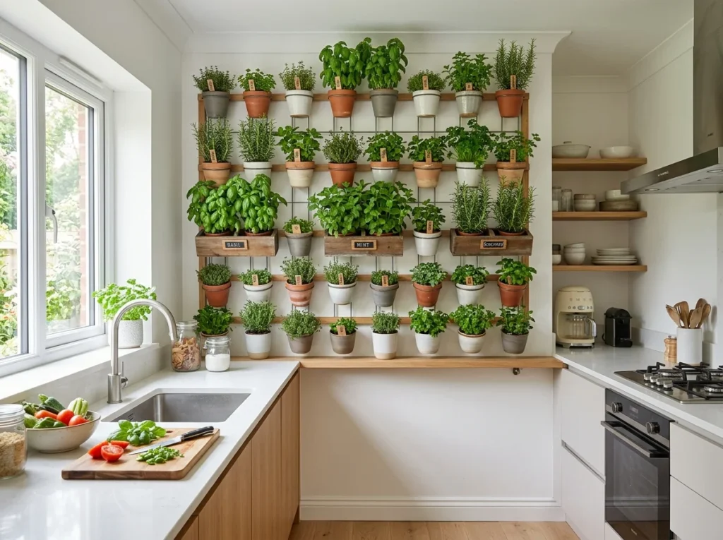 Vertical herb garden on kitchen wall with basil, mint, and rosemary in small pots for functional plant wall art ideas in modern home decor