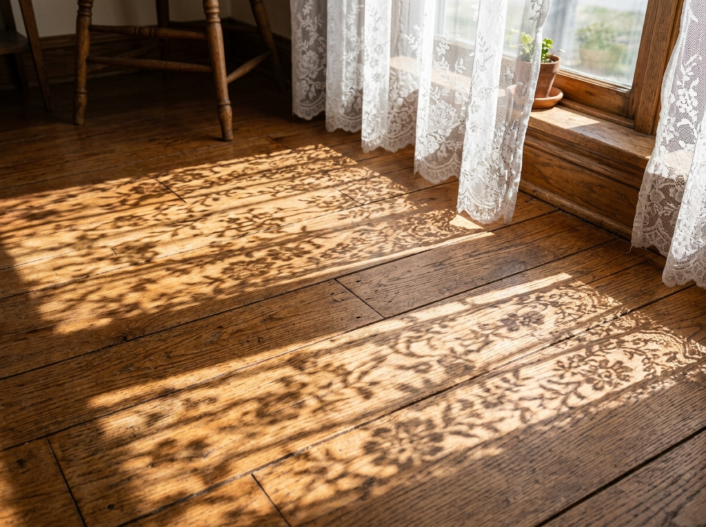Close-up of white lace curtains casting soft floral shadows on a wooden floor in sunlight, creating an elegant and artistic window decor effect.