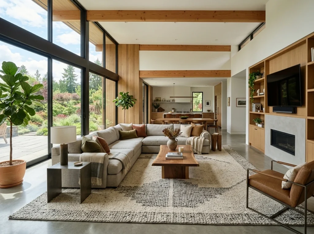 Spacious living area with large rug defining seating zone