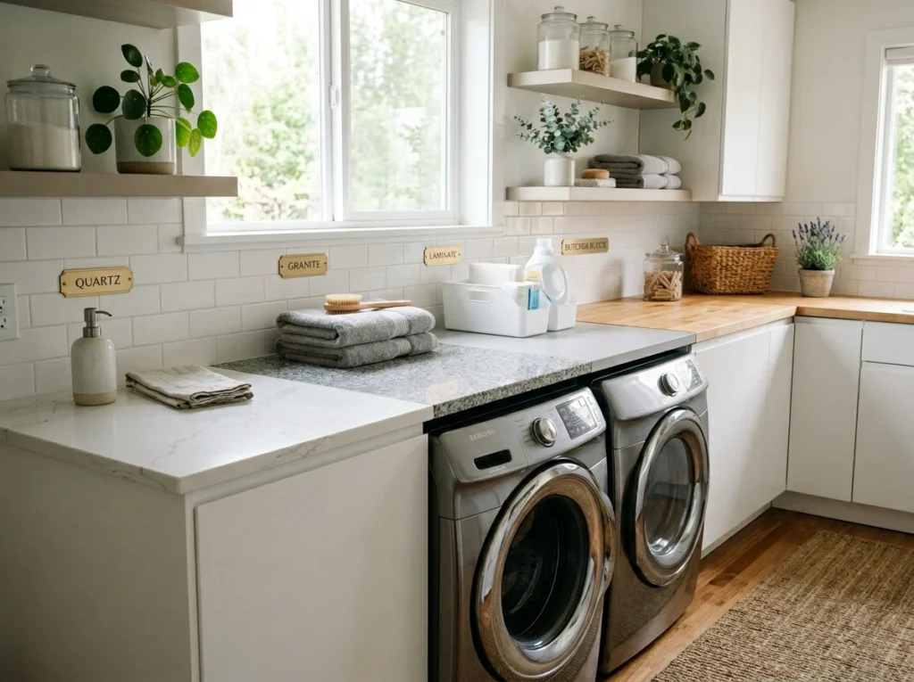 Well-organized modern laundry room with smart cabinetry, ergonomic appliance placement, and clean functional design showing an efficient and clutter-free washing area.