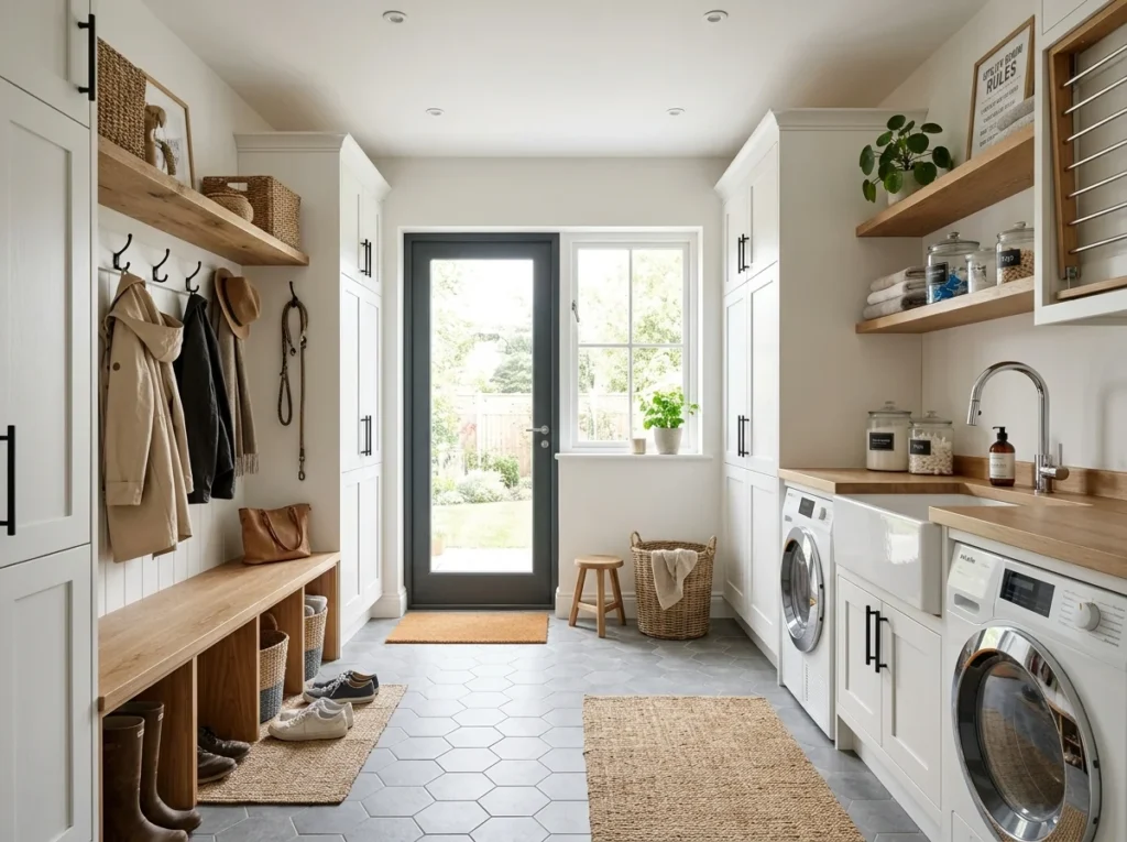 Laundry and mud room combo with washer, storage cabinets, and organized entryway functionality.